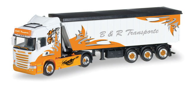 Scania R Tractor w/Dump Trailer - Assembled -- B&R Transport (orange, white, German Lettering)