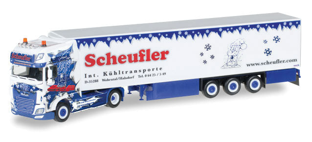 DAF XF Tractor w/Reefer Trailer - Assembled -- Scheufler (white, blue, red, German Lettering)