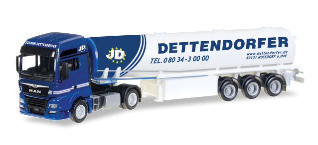 MAN TGX XXL Tractor w/Tank Trailer  - Assembled -- Dettendorfer (blue, white, German Lettering)