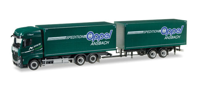 Mercedes Actros Streamspace Box Truck w/Van Trailer  - Assembled -- Oppel Ansbach   (green, blue, white, German Lettering)