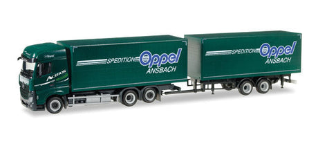 Mercedes Actros Streamspace Box Truck w/Van Trailer  - Assembled -- Oppel Ansbach   (green, blue, white, German Lettering)