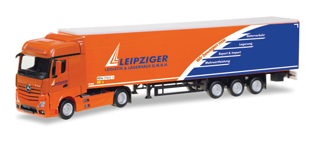 Mercedes-Benz Actros Tractor w/Curtain Trailer - Assembled -- Leipziger Logistik (orange, blue, German Lettering)