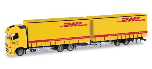 Volvo FH GL Curtain Wall Delivery Truck w/Trailer - Assembled -- DHL (yellow, red, German Lettering)