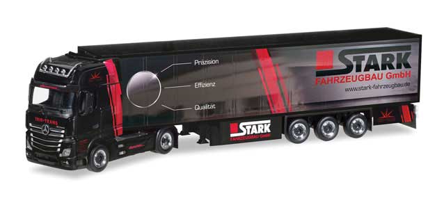 Mercedes-Benz Actros Giga Tractor, Reefer Trailer - Assembled -- Trio Trans (black, red, Stark Graphics, German Lettering)