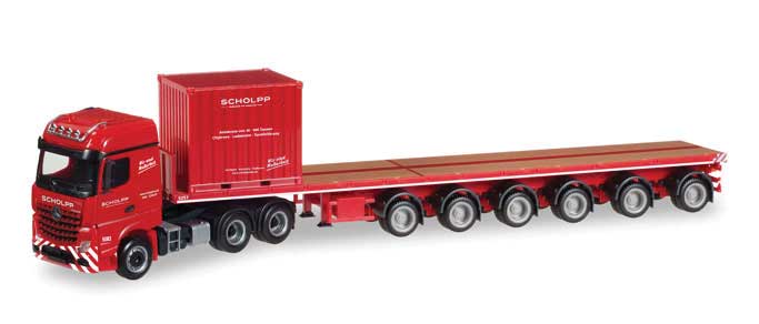 Mercedes-Benz Arocs Tractor, Flatbed Trailer and Ballast Container - Assembl -- Scholpp (red, German Lettering)