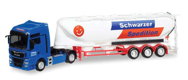 MAN TGX Tractor with Bulk Tank Trailer - Assembled -- Schwarzer Spedition (blue, white, red, German Lettering)