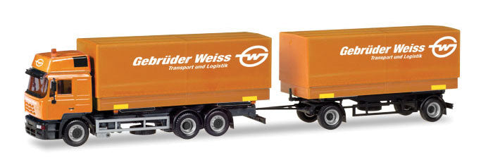 Steyr F 2000 Low-Side Truck with Trailer with Covers - Assembled -- Gebruder Weiss (brown, white, German Lettering)