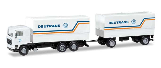 Volvo F 12 Low-Side Truck with Canvas Cover and Trailer - Assembled -- Deutrans (white, blue, yellow, German Lettering)