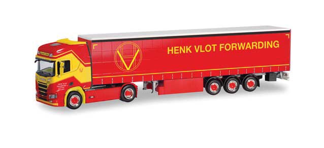 Scania CS 20 HD Tractor with Curtain Trailer - Assembled -- Henk Vlot (red, yellow, German Lettering)