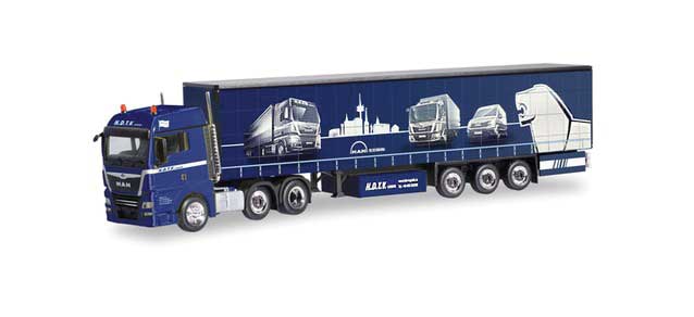 MAN TGX XLX Tractor with Curtain Trailer - Assembled -- H.D.T.V. (blue, white, German Lettering)