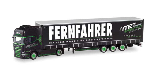 Scania R TL Lowliner Tractor with Curtain Trailer - Assembled -- Tet (black, white, green, Germaln Lettering)
