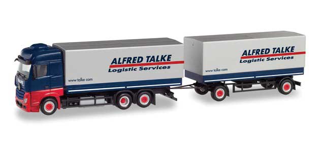 Mercedes-Benz Curtain Truck with Trailer - Assembled -- Alkfred Talke (blue, gray, white, English Lettering)