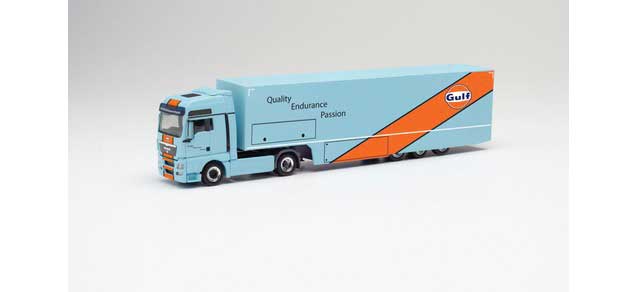 MAN TGX XXL Tractor with Van Trailer - Assembled -- Gulf Oil (light blue, orange, German Lettering)