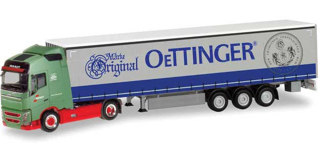 Volvo FH GL Tractor with Curtain Trailer - Assembled -- Wandt-Oettinger (green, red, blue, gray, German Lettering)