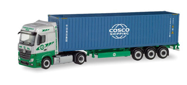 Mercedes-Benz Actros Tractor with 40' Container Trailer - Assembled -- EKB (silver, green with blue container, German Lettering)
