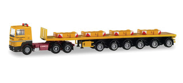 Renault R 360 Tractor with Flatbed Trailer and Crane Ballast - Assembled -- Franz Bracht (yellow, red, German Lettering)