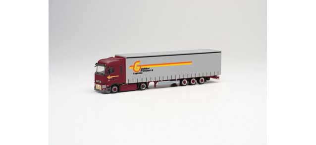 Renault T Tractor with Curtain Trailer - Assembled -- Galliker (red, gray, yellow, German Lettering)