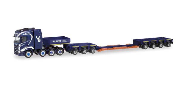 Scania CS 20 Tractor with Lowboy Trailer - Assembled -- Karner (blue, white, German Lettering)