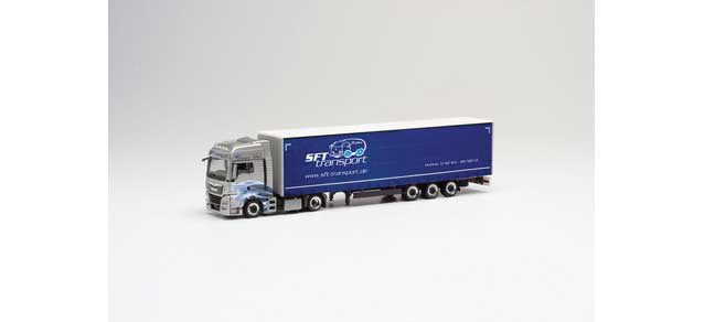 MAN TGX XXL Tractor with Curtain Trailer - Assembled -- SFT Transporte (silver, blue, German Lettering)