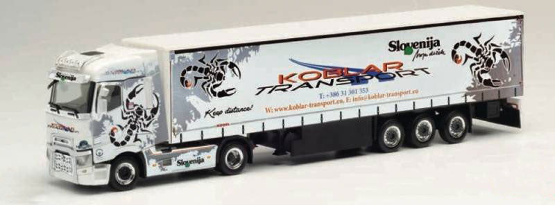 Renault T 2-Axle Tractor with Curtain Trailer - Assembled -- Koblar Transport (white, black scorpions, red, German Lettering)