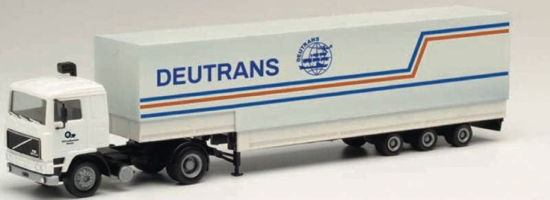 Volvo F 12 2-Axle Tractor with Jumbo Canvas Curtain Trailer - Assembled -- Deutrans (white, blue, red, German Lettering)
