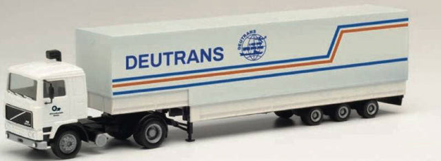 Volvo F 12 2-Axle Tractor with Jumbo Canvas Curtain Trailer - Assembled -- Deutrans (white, blue, red, German Lettering)