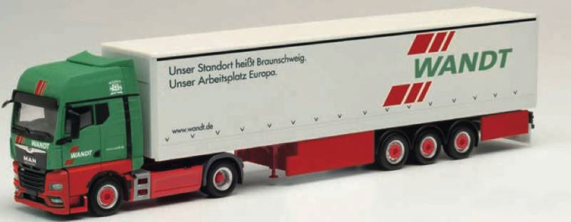 MAN TGX GX 2-Axle Tractor with Curtain Trailer - Assembled -- Wandt (green, white, red, German Lettering)