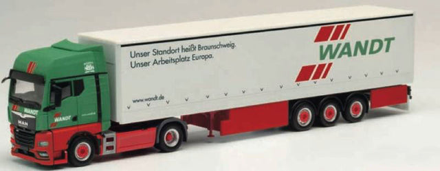 MAN TGX GX 2-Axle Tractor with Curtain Trailer - Assembled -- Wandt (green, white, red, German Lettering)