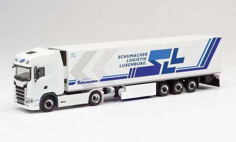 Scania CS 20 HD with Reefer Trailer - Assembled -- Schumacher Logistik (white, blue, German Lettering)