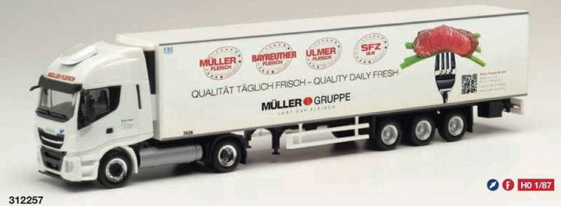 Iveco Stralis NP 2-Axle Tractor with Reefer Trailer - Assembled -- Muller Fleisch (white, red, German Lettering)