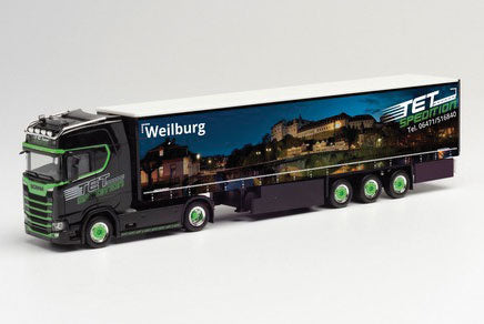 Scania CS 20 HD Tractor with Curtain Trailer - Assembled -- Tet-Weilburg (black, color graphics, German Lettering)