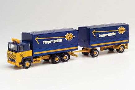 Scania 141 Covered Low-Side Truck with Trailer - Assembled -- ASG (blue, yellow, German Lettering)
