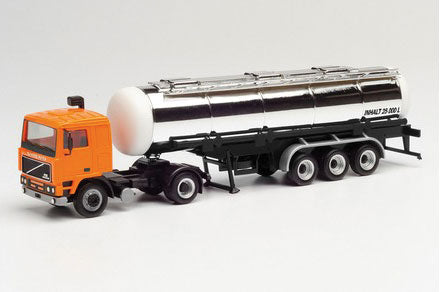 Volvo F 12 Tractor with Tank Trailer - Assembled -- Veb Deutrans (orange, chrome trailer, German Lettering)