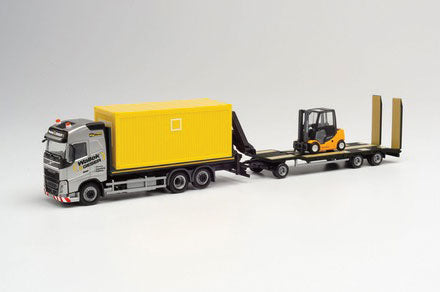Volvo FH Flatbed Truck with Trailer and Forklift Load - Assembled -- Wallek and Geser (silver, yellow load, German Lettering)