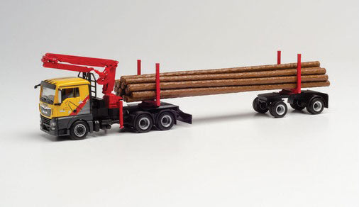 MAN TGX Tractor with Log Trailer and Crane - Assembled -- Mengel Holztransporte (yellow, gray, black, German Lettering)