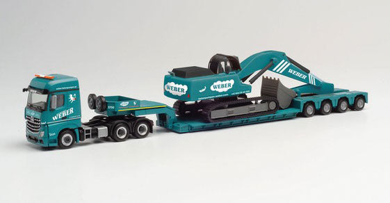 Mercedes Benz Arocs Tractor with Lowboy Trailer and Excavator - Assembled -- Betonpumper Weber (green, white, German Lettering)