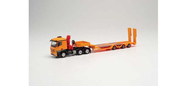 Mercedes-Benz Arocs Tractor with Loading Crane and Lowboy Trailer - Assembled -- Yellow, Red