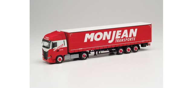 Iveco S-Way Tractor with Curtain Trailer - Assembled -- Monjean (red, white, German Lettering)