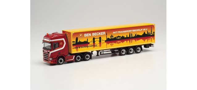 Scania CR 20 High Roof Tractor with Curtain Trailer - Assembled -- Ben Becker (red, yellow, black, German Lettering)