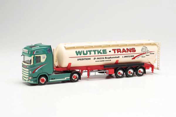 Scania CS 20 Tractor with Bulk Silo Trailer - Assembled -- Wuttke-Trans (green, red, white, German Lettering)