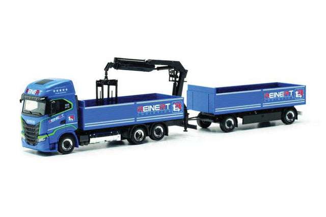 Iveco S-Way Low-Side Truck with Trailer & Crane - Assembled -- Reinert (blue, white, red)
