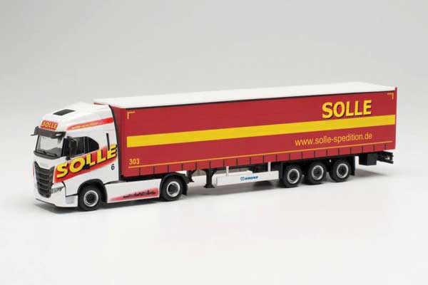 Iveco S-Way Tractor with Curtain Trailer - Assembled -- Solle (red, white, yellow, German Lettering)