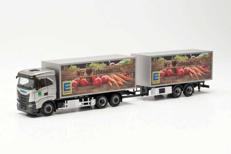 Iveco S-Way Box Truck with Trailer - Assembled -- Edeka (silver, Vegetable Graphics, German Lettering)