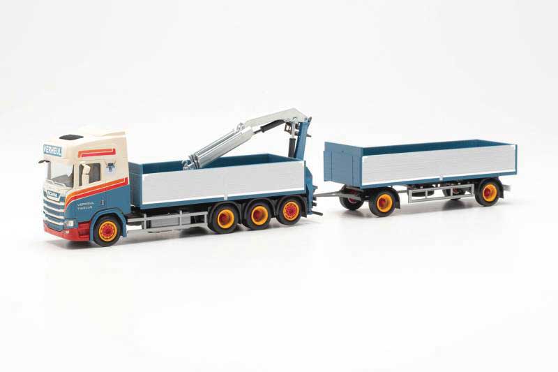 Scania CR 20 Low-Side Truck with Trailer and Hoist - Assembled -- Verheul (white, blue, orange, German Lettering)