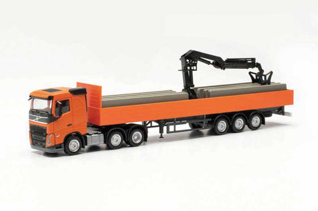 Volvo FH Tractor with Low-Side Trailer, Crane and Barrier Load - Assembled -- Orange, Black