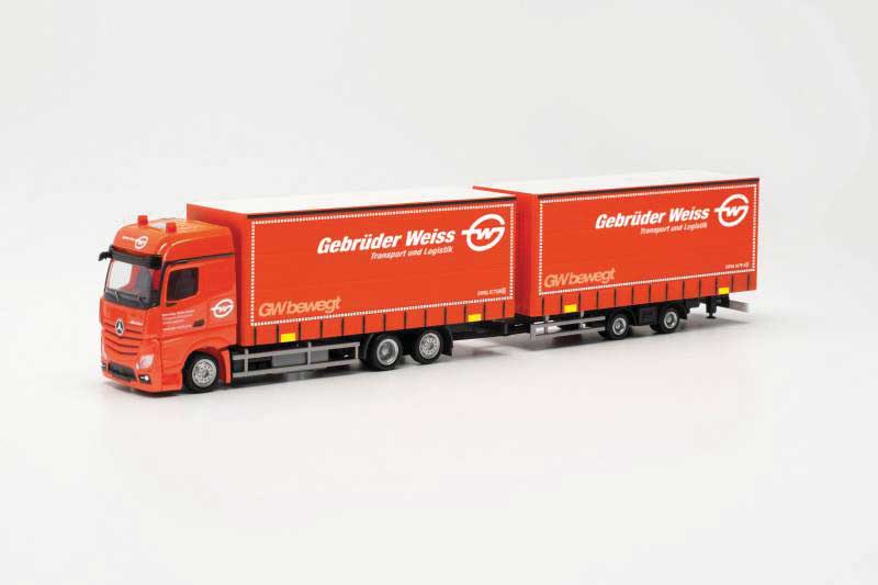 Mercedes-Benz Actros Curtain Truck with Trailer - Assembled -- Weiss (orange, white, German Lettering)