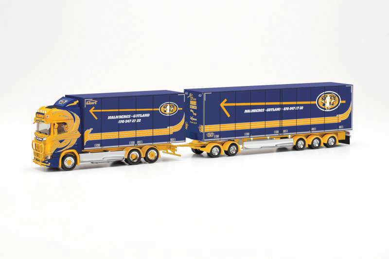 Scania CS 20 Swedish Box Truck w/Trailer - Assembled -- Malmbergs Akeri Gotland (yellow, blue, German Lettering)