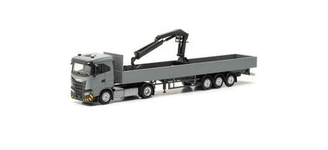 Iveco S-Way ND Tractor with Low-Side Trailer and Crane - Assembled -- Gray, Black