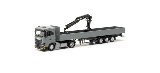 Iveco S-Way ND Tractor with Low-Side Trailer and Crane - Assembled -- Gray, Black