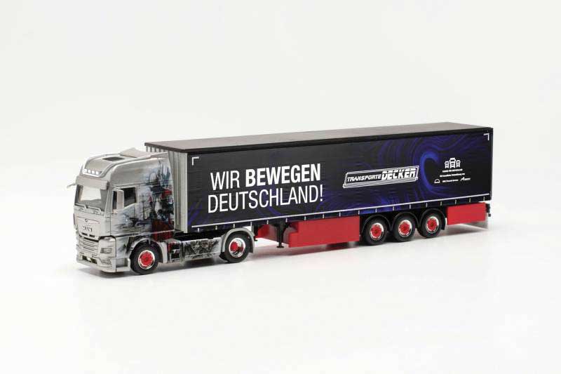 MAN TGX Tractor with Curtain Trailer - Assembled -- Decker Duren (black, white, red, German Lettering)